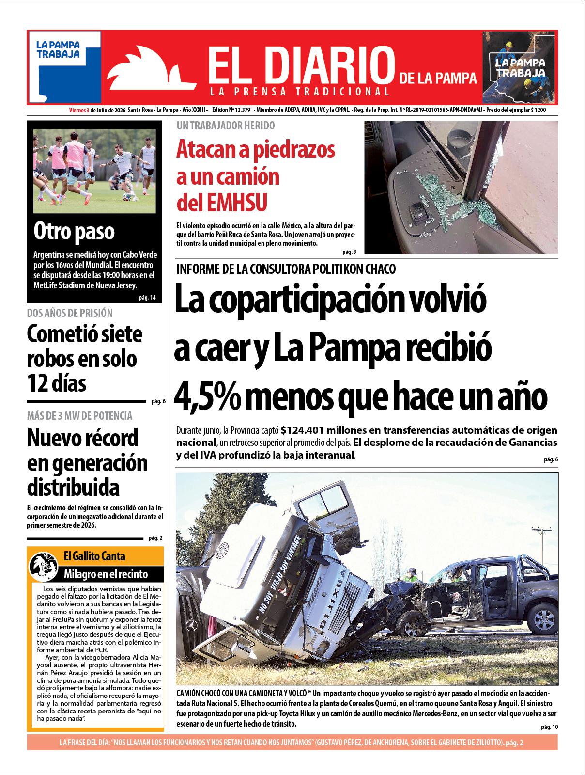 Tapa de El Diario en papel  viernes 03 de julio de 2026
